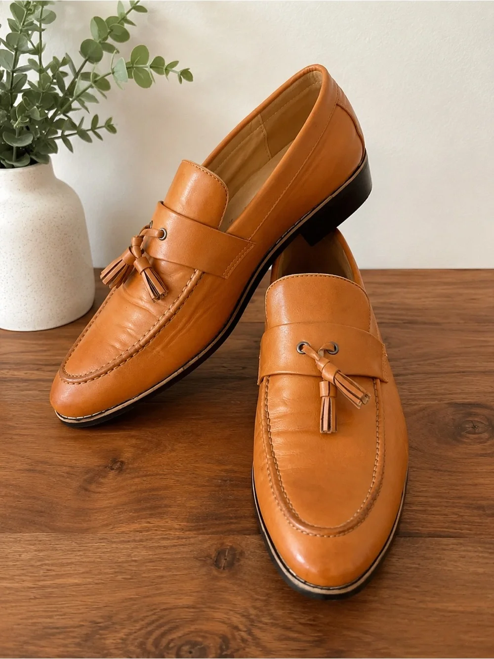 Men’s Cognac Tassel Loafers Size 45 Faux Leather Slip-On Dress Shoes 11-11.5